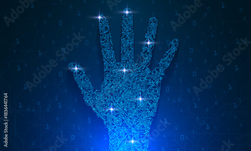 Abstract neon hand of circuit board, glowing technology concept. AI Artificial Intelligence chipset on circuit board in futuristic concept suitable for future technology artwork, Web Banner Abstract