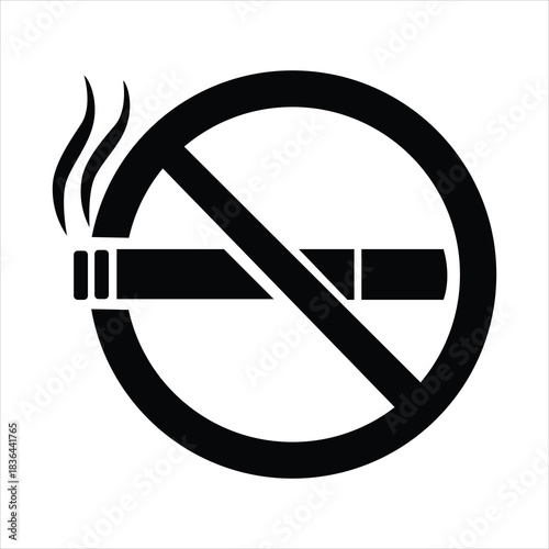 Black and white vector silhouette of a no smoking sign typically found in public buildings. A circular no smoking sign with a cigarette black silhouette.No Smoking icon No smoking, No smoking symbol. 