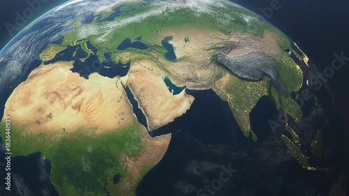 A detailed view of Earth from space, showing Europe, Africa, and Asia with day and night zones.