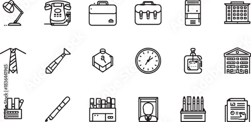 Collection of Black and White Line Art Icons Representing Office and Business Objects work stationery