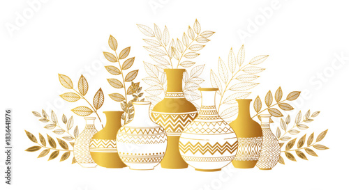 Golden Ancient Pottery Vases with Botanical Foliage for Luxury Decor Web Design