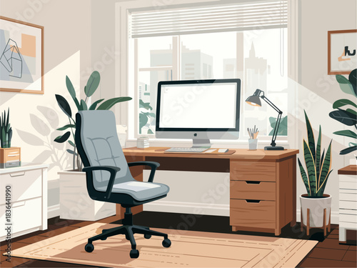 A clean vector illustration of a modern home office with a large monitor, ergonomic chair, wooden desk, indoor plants, soft sunlight, and minimalist decor