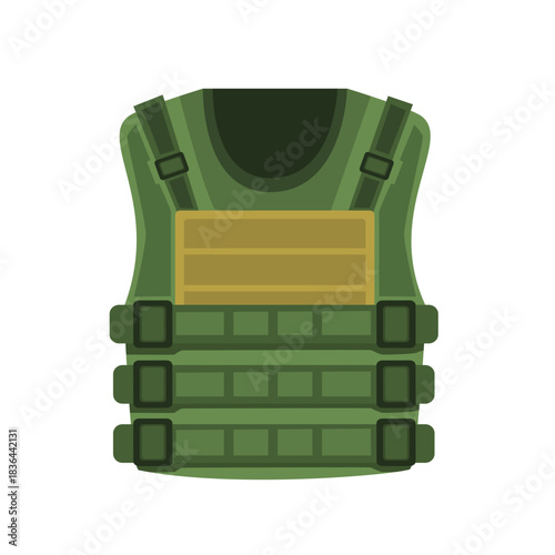 Military tactical vest vector illustration, army combat vest icon, soldier protective body armor clip art, tactical equipment in flat cartoon style, isolated on white background
