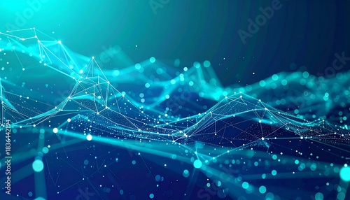 Abstract AI interface backdrop, floating data nodes linked by micro-light connections, transparent glass shapes, gradient turquoise–indigo, modern 2026 branding style