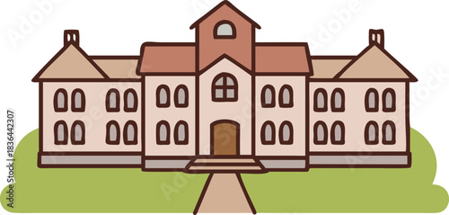 Charming hand drawn illustration of a classic school building with a central tower and lush greenery