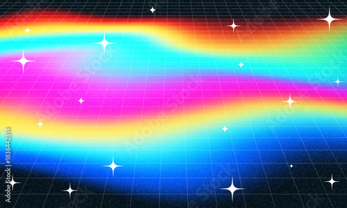 Synthwave wireframe net illustration. Abstract digital background. 80s, 90s Retro futurism, Retro wave cyber grid. Deep space surfaces. Neon lights glowing. Starry background. Vector 3D Rendering