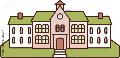 Charming illustration of a classic multi story school building with a prominent central entrance and a pitched green roof set against a grassy base