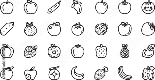 Collection of Hand Drawn Fruit and Vegetable Icons in Black Outline on White Background Keywords: apple, banana, berry, cartoon, cherry, citrus, cucumber, drawing, doodle, food, fruit, graphic