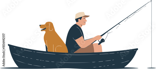Happy Fisherman with Fishing Rod Sitting in Boat with His Dog During Great Sunny Weather for Fishing on The Lake