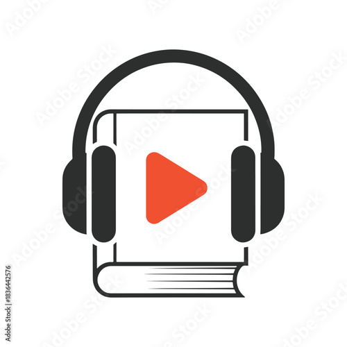 Black headphones over open book with orange play button icon audio listening