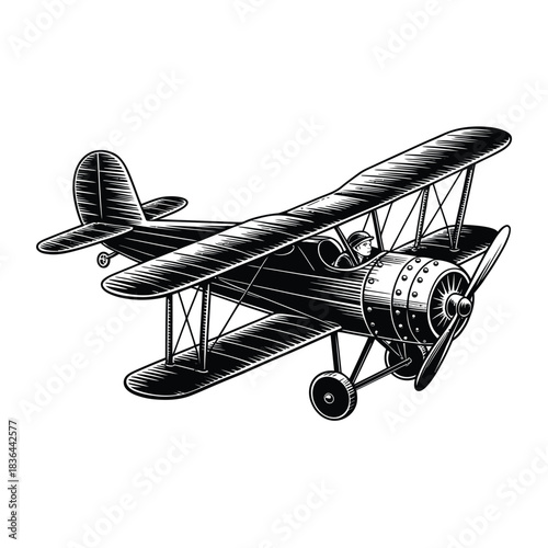 Vintage biplane aircraft illustration black and white sketch