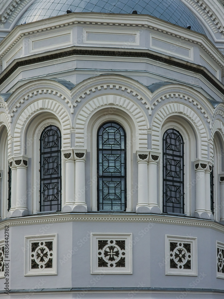 Obraz premium Architectural facade detail of St. Michael the Archangel Church, Kaunas, Lithuania, August 17, 2025