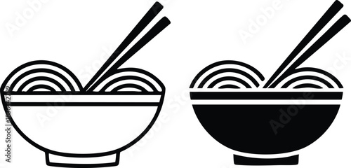 Outline and Filled Bowl of Noodles with Chopsticks Icons, Simple Ramen or Noodle Dish Graphic, Asian Cuisine Vector Icon, Black and White Food Icon - Bowl of Pasta, silhouette, vector, illustration.