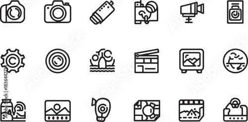 Fifteen black and white line art icons for photography and video production camera filmmaking