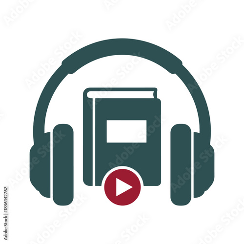 Dark teal headphones over a book icon with a red play button audio audiobook