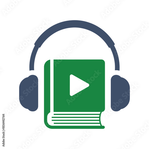 Green book with white play button icon and blue headphones audio listening