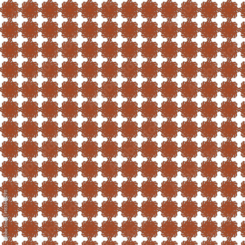 A close up abstract view of a repeating pattern of small textured starburst like shapes in a warm reddish brown hue against a white background