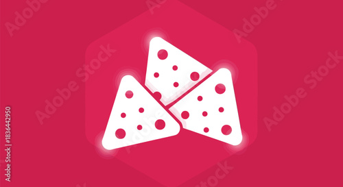 Three nachos with red dots on a pink hexagon background design element