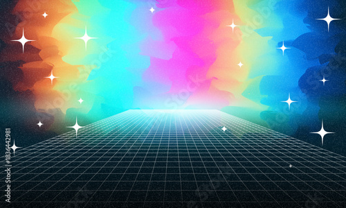 Synthwave wireframe net illustration. Abstract digital background. 80s, 90s Retro futurism, Retro wave cyber grid. Deep space surfaces. Neon lights glowing. Starry background. Vector 3D Rendering