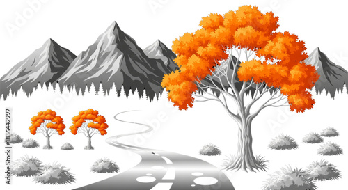 Autumn Road Trip Journey Through Colorful Fall Landscape with Gray Mountains Background