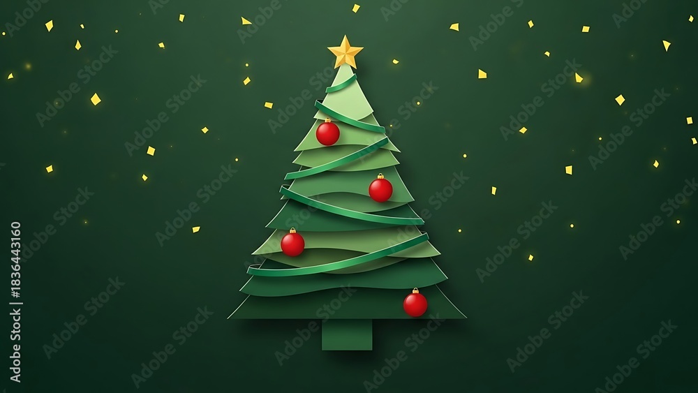 Fototapeta premium Festive Papercut Christmas Tree with Ornaments and Bokeh Lights on Green Background