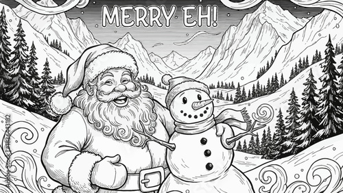 Santa and a snowman sketch black and white stand in the snowy Canadian Rockies valley with towering evergreens, icy cliffs, and a peaceful Christmas atmosphere