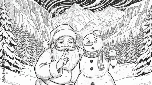 Santa and a snowman sketch black and white stand in the snowy Canadian Rockies valley with towering evergreens, icy cliffs, and a peaceful Christmas atmosphere