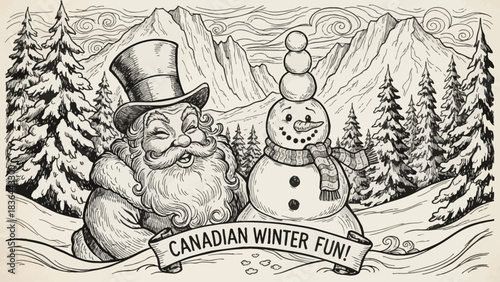 Santa and a snowman sketch black and white stand in the snowy Canadian Rockies valley with towering evergreens, icy cliffs, and a peaceful Christmas atmosphere