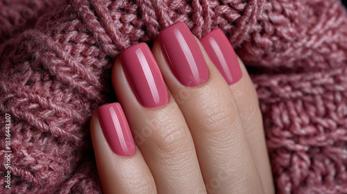 Elegant manicure featuring glossy pink nail polish on well-groomed nails with a stylish cozy knit background, perfect for beauty, fashion, and personal care markets