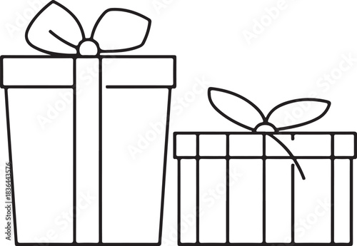 Line Art of Two Gift Boxes with Ribbons on White Background present outline