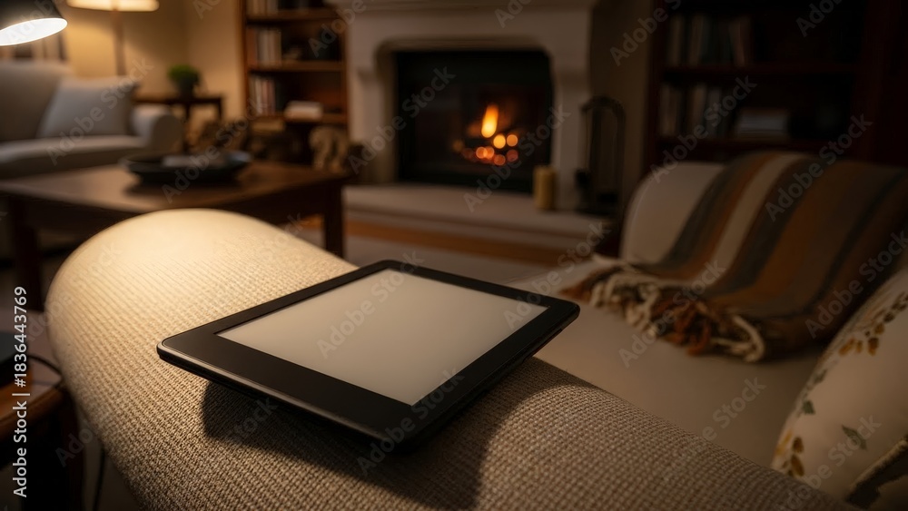 Naklejka premium E-reader resting on couch near fireplace