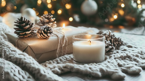 Lit candle, pine cones, and wrapped gift on a knitted blanket with Christmas lights background.