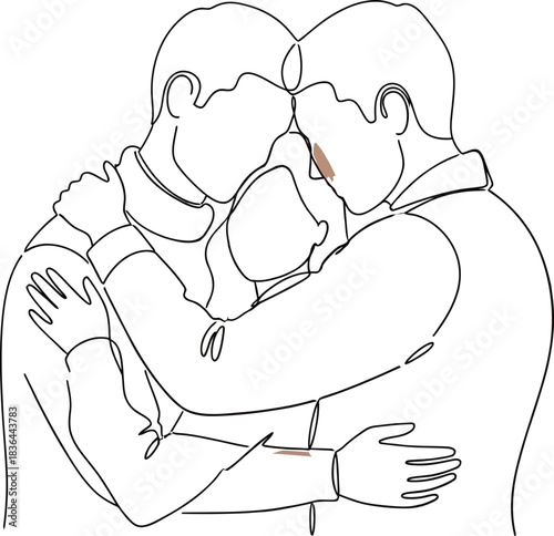 Minimalist line art of two men hugging a child in a loving family embrace