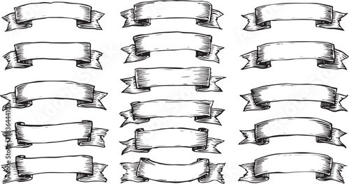 Set of Fifteen Hand- Drawn Vintage Style Blank Ribbon Banners with Textured Folds and Edges scroll