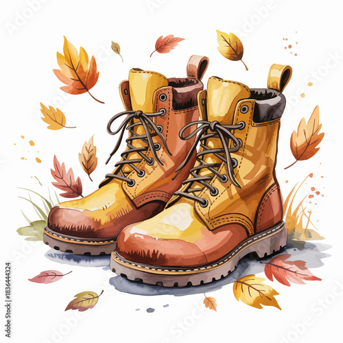 A close-up of trendy yellow boots positioned among colorful autumn leaves, reflecting a cozy fall vibe perfect for outdoor adventures and seasonal fashion styles.