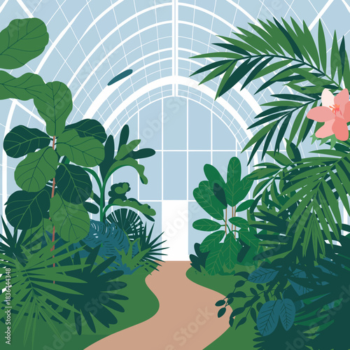 An inviting greenhouse scene filled with various tropical plants, showcasing a lush interior that evokes feelings of tranquility and a connection to nature’s bounty.