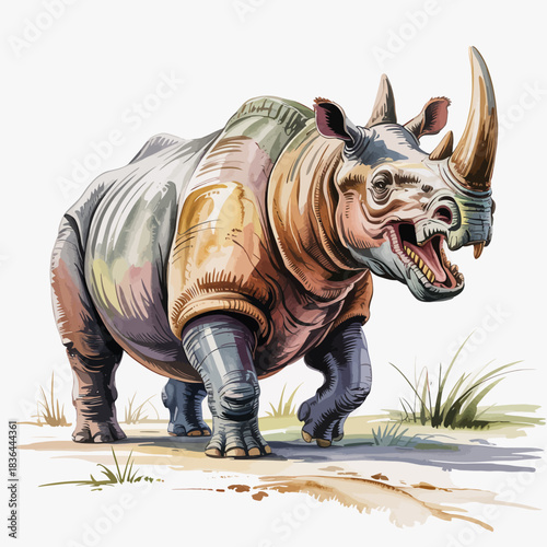 This stunningly illustrated image showcases a mighty rhinoceros striding through a natural landscape, highlighting the beauty and strength of wildlife in vivid detail.