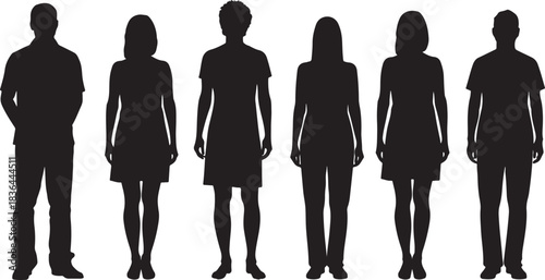 Silhouettes of six diverse individuals standing in a row on a white background people woman