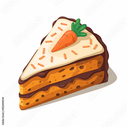 A visually appealing cartoon slice of carrot cake topped with a decorative carrot, embodying the allure of dessert and capturing the sweetness of culinary art in an engaging style.