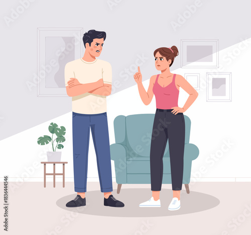 An expressive scene capturing a couple in a heated discussion in a stylish living room, illustrating the complexities of relationships and human emotions.