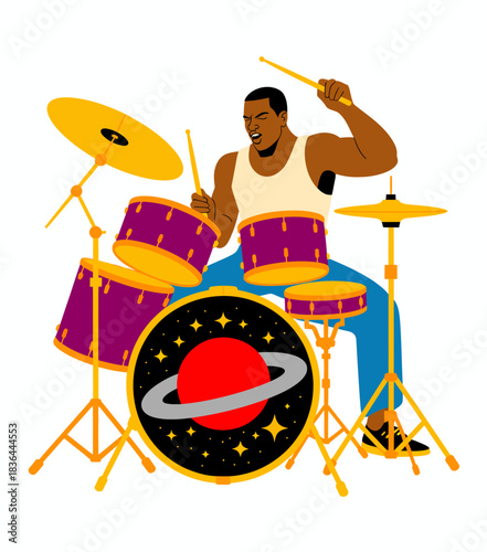 An animated musician passionately plays the drums, adding a vibrant rhythm to the atmosphere, perfectly capturing the energy of music and performance artistry.