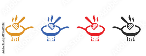 Cooking Icons Showing a Frying Pan on Heat, Spatula Stirring Food