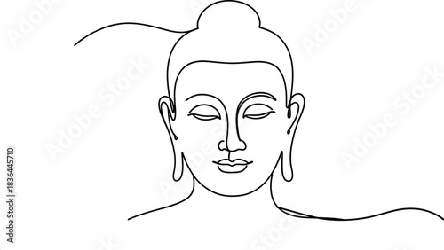Single line drawing of Buddha face serene expression
