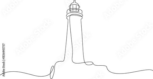 Single line drawing of a lighthouse on white background