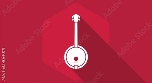 White banjo with long shadow on a red hexagon background illustration