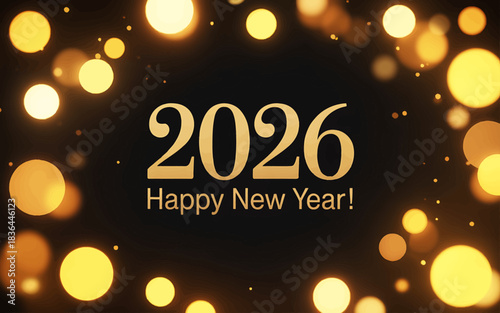 Festive New Year 2026 Illustration with Sparkling Bokeh Lights and Golden Text on Black Background Celebration and Greetings