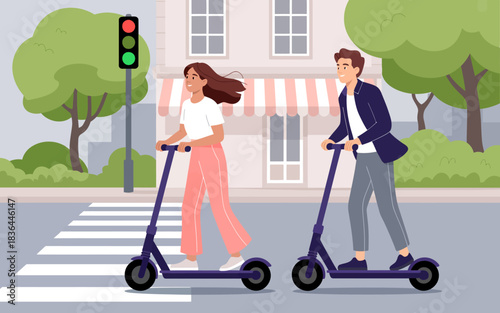 Two young adults riding scooters across a city street exemplify modern urban mobility and leisure, providing a glimpse into contemporary lifestyle choices and environmental consciousness.