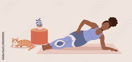 An engaging illustration of a woman exercising beside a relaxed cat, representing the blend of wellness and companionship in personal fitness and home environments.