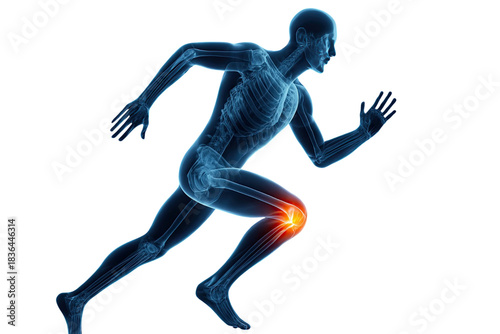 Running human body anatomy with highlighted knee joint pain showing skeletal structure, motion and injury isolated on white background