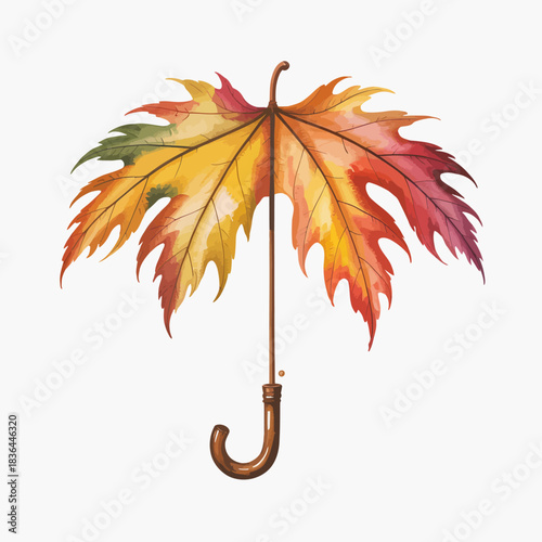 An artistic umbrella designed with autumn leaves, symbolizing the beauty of seasonal change while blending nature with creativity in a whimsical and vibrant composition.